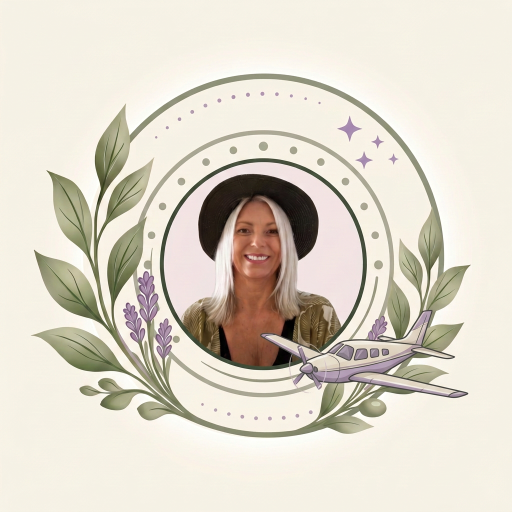 Illustrated portrait of Lou, founder of Autopilot with Lou, smiling and wearing a black hat. She sits inside a round emblem framed by olive leaves and lavender sprigs, with a small propeller plane flying past the lower edge.